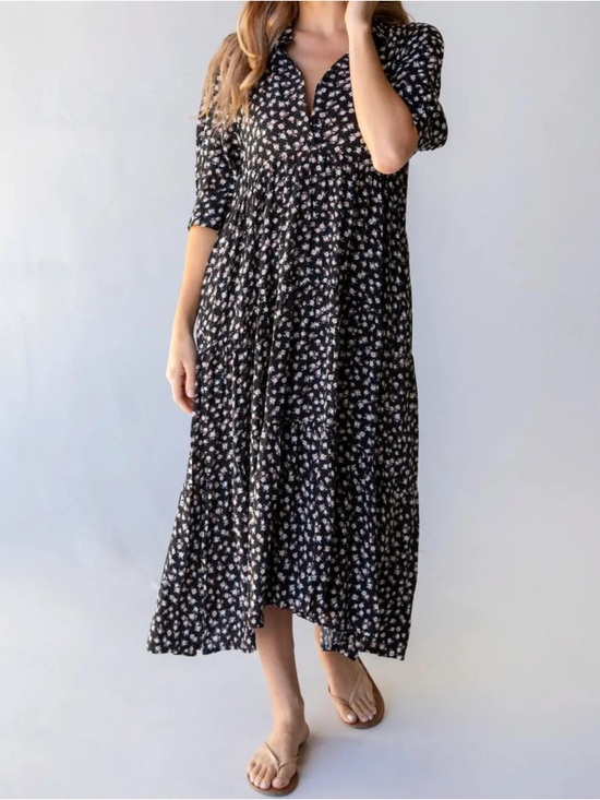 NATURAL LIFE Dresses & Skirts - Natural Life Rebecca Midi Dress Rose Floral Print Rayon Black Cream XL